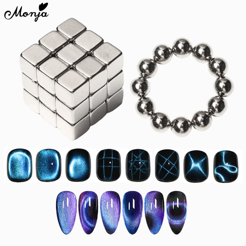 Monja 27 ชิ้นเล็บ Cat Eye Cube แม่เหล็ก 12 ชิ้นรอบแม่เหล็กลูกปัด เจลโปแลนด์ถอดแม่เหล็กเล็บเครื่องมือ รูปที่ 1