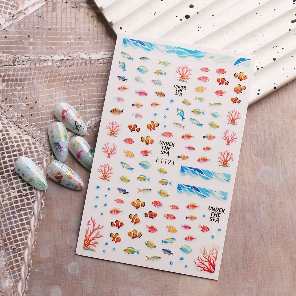 HAMA เล็บเล็บสติกเกอร์ขายส่งชายหาดฤดูร้อน Ocean Goldfish แมงกะพรุนสาหร่าย Dolphin Mermaid ผีเสื้อดอกไม้ตกแต่งเล็บสติกเกอร์ Decals รูปที่ 2