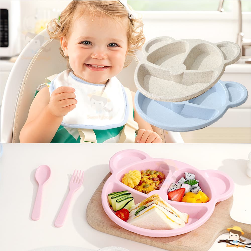 SWEETYBAYI ถาดอาหารเด็ก Food Grade จานหลุมเด็กปลอดภัยต่อสารพิษ จานข้าวสีสันสดใสถูกใจ จานอาหารเด็กฟางข้าวสาลี รูปที่ 3