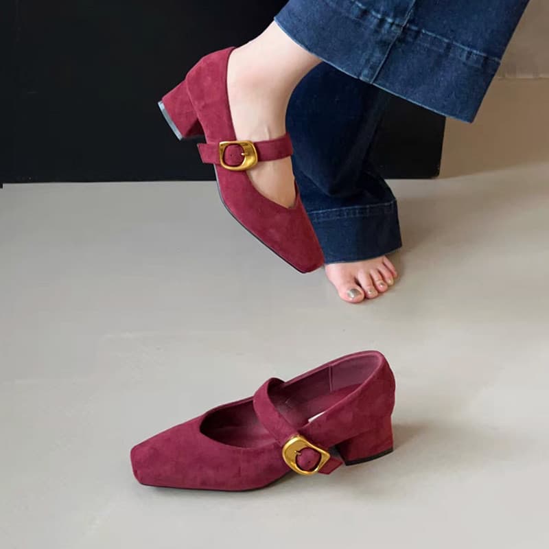 Atikota รองเท้าส้นสูงผู้หญิงสุภาพสตรีหัวเข็มขัดปรับได้ Chunky Square Toe Suede แฟชั่นรองเท้าส้นสูงรองเท้าแตะ รูปที่ 2