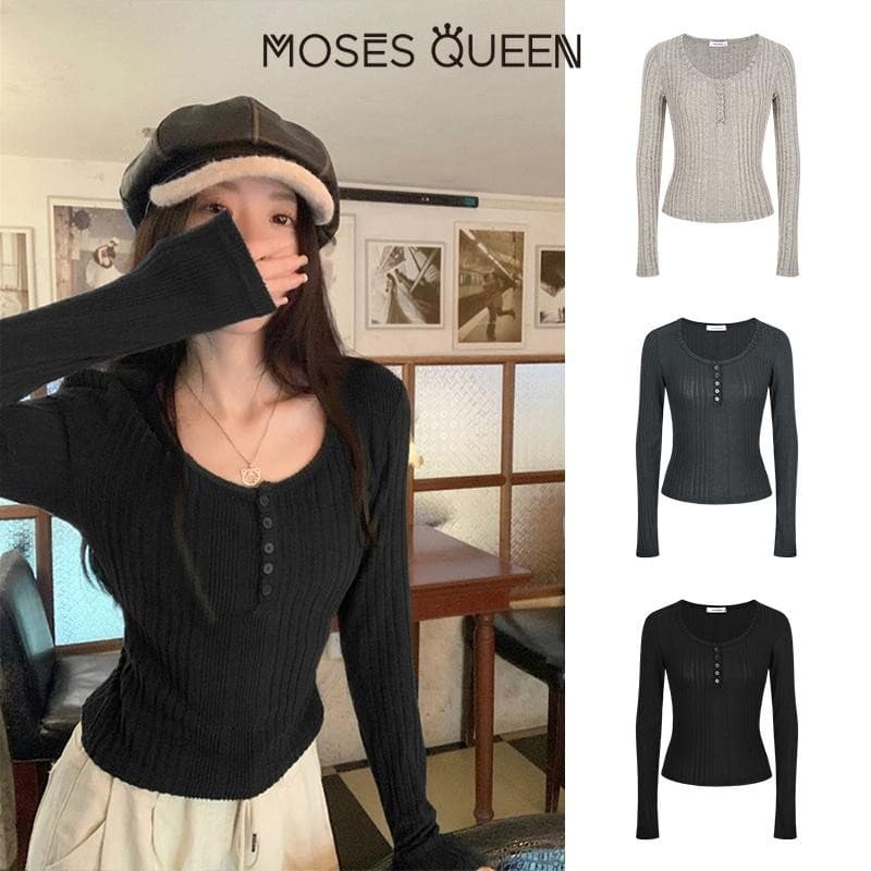 MOSESQUEEN กึ่งเปิดคอหลุมแถบแขนยาวผู้หญิงเนื้อความรู้สึกใหม่บางและบางด้านใน จุดต่ําสุด สูงสุด #62323 รูปที่ 4