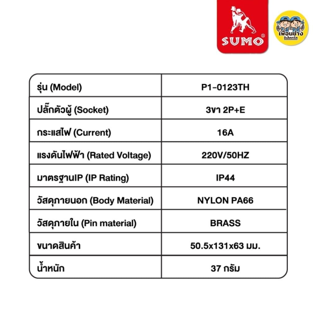 SUMO P1-0123TH ปลั๊กตัวผู้ พาวเวอร์ปลั๊ก 3ขา 3 สาย 2P+E 220V 16A มีขากราวด์ ป้องกันไฟฟ้ารั่ว IP44 ไม่ติดไฟ และไม่ลามไฟ รูปที่ 3
