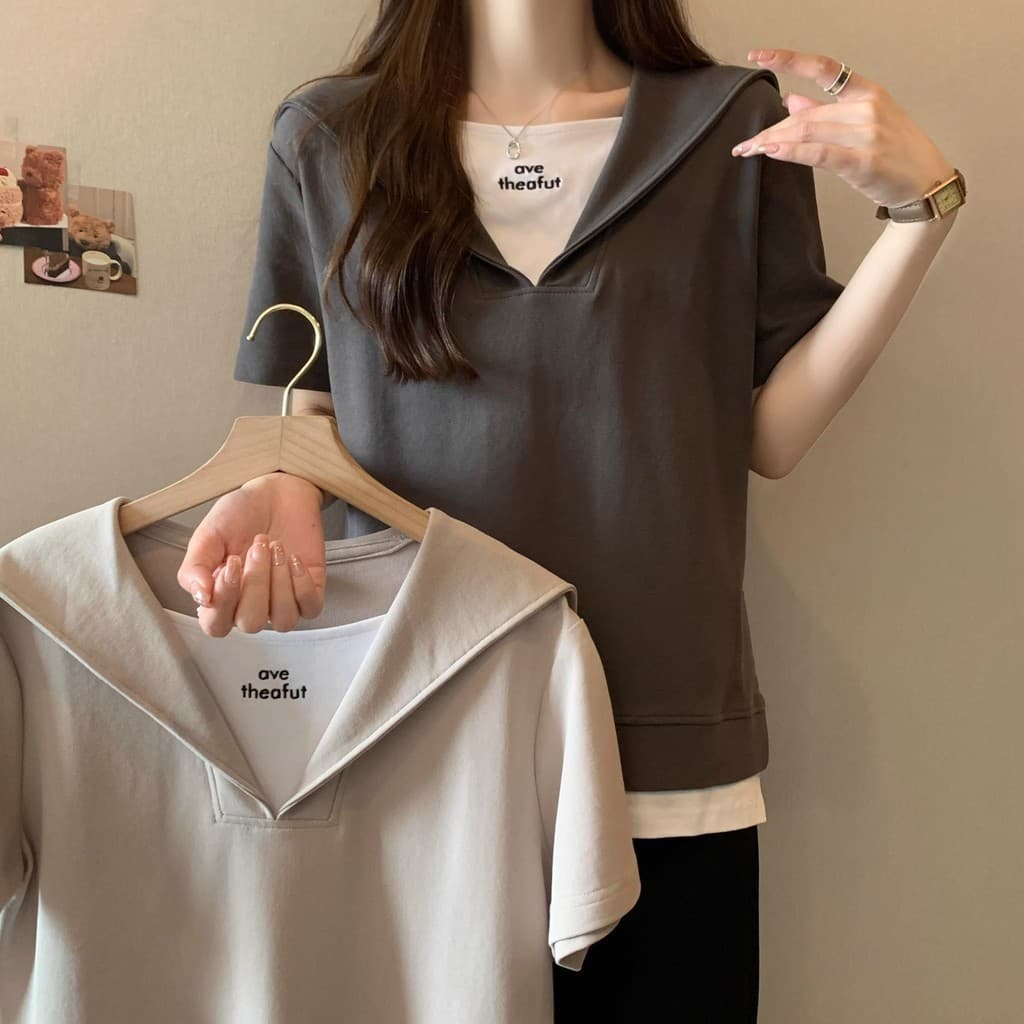 เสื้อยืดโอเวอร์ไซส์ ตัดแต่งตัดกัน ปลอม สองชิ้น สลิมฟิต เสื้อฤดูร้อน พลัสไซส์ เสื้อยืด Oversize รูปที่ 5