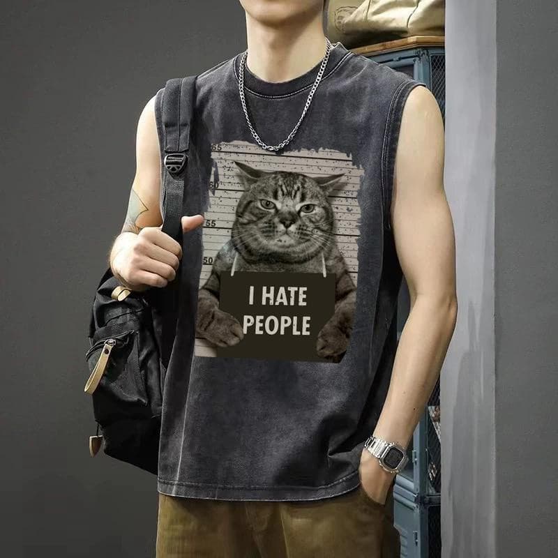 Y-T ! เสื้อแขนกุดoversize-เสื้อกั๊กแขนกุดชาย พิมพ์ "I HATE PEOPLE" ผ้าฝ้าย100% ทรงหลวม แนวสตรีท คุณภาพสูง รูปที่ 2