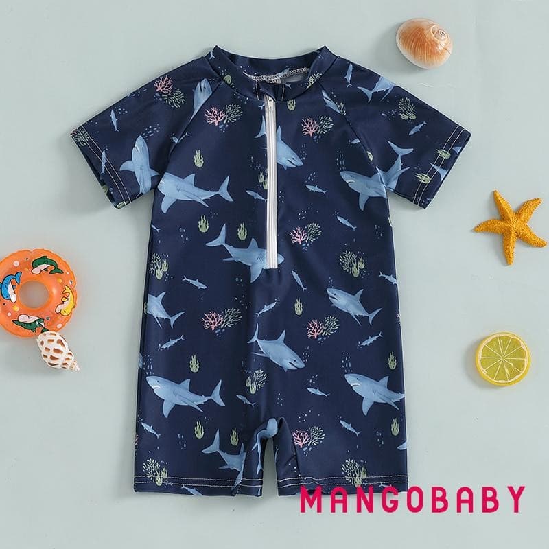 - ชุดว่ายน้ําเด็กผู้หญิง Shark พิมพ์แขนสั้น Mock คอ Zip Up Rash Guard ชุดว่ายน้ํา รูปที่ 6
