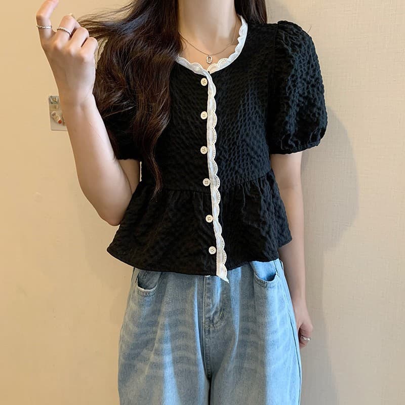 Pink girl เสื้อไหมแขนสั้น ไหมพรมทรงเกาหลีคอเสื้อแต่งลายลูกไม้น่ารักมาก "60109" รูปที่ 2
