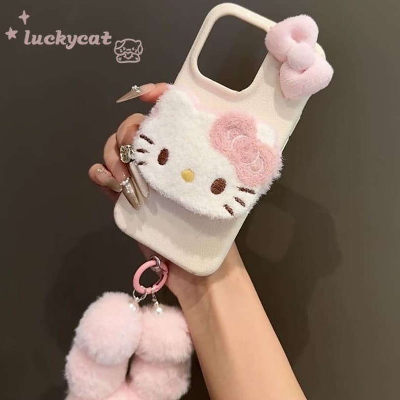 Iphone 16 15 14 13 12 11 Pro Max X Xr Xs Max เคสโทรศัพท์น่ารัก 3D DIY สีชมพูฤดูหนาวตุ๊กตาสีชมพูโบว์ KT Cat + Lanyard หนังนุ่มปกหลัง รูปที่ 7