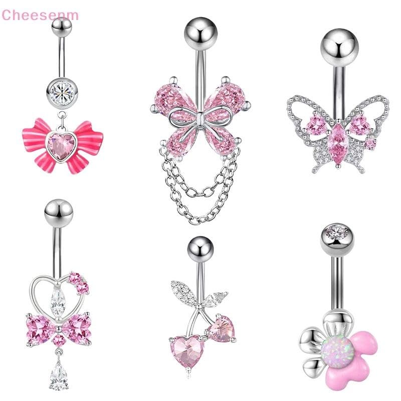 Cheenm สีชมพู Zircon Belly ปุ่มแหวนสแตนเลสหัวใจ Navel เจาะ Barbell สําหรับผู้หญิง Beach Belly แหวนเครื่องประดับ TH รูปที่ 1
