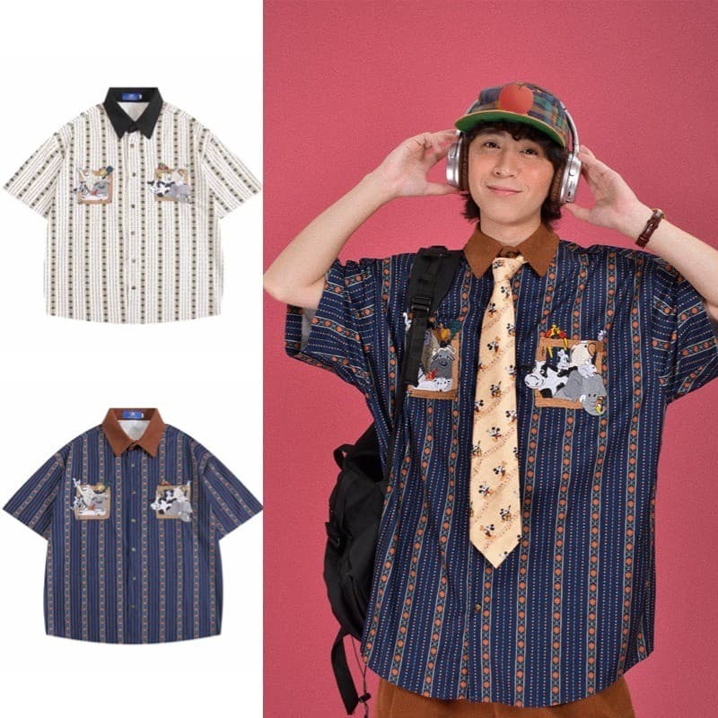 SUIKONE ซุยโคเนะ ญี่ปุ่นย้อนยุคการ์ตูนปักแนวตั้งลายเสื้อแขนสั้นฤดูร้อนผู้ชายและผู้หญิงเสื้อลําลองหลวม รูปที่ 1