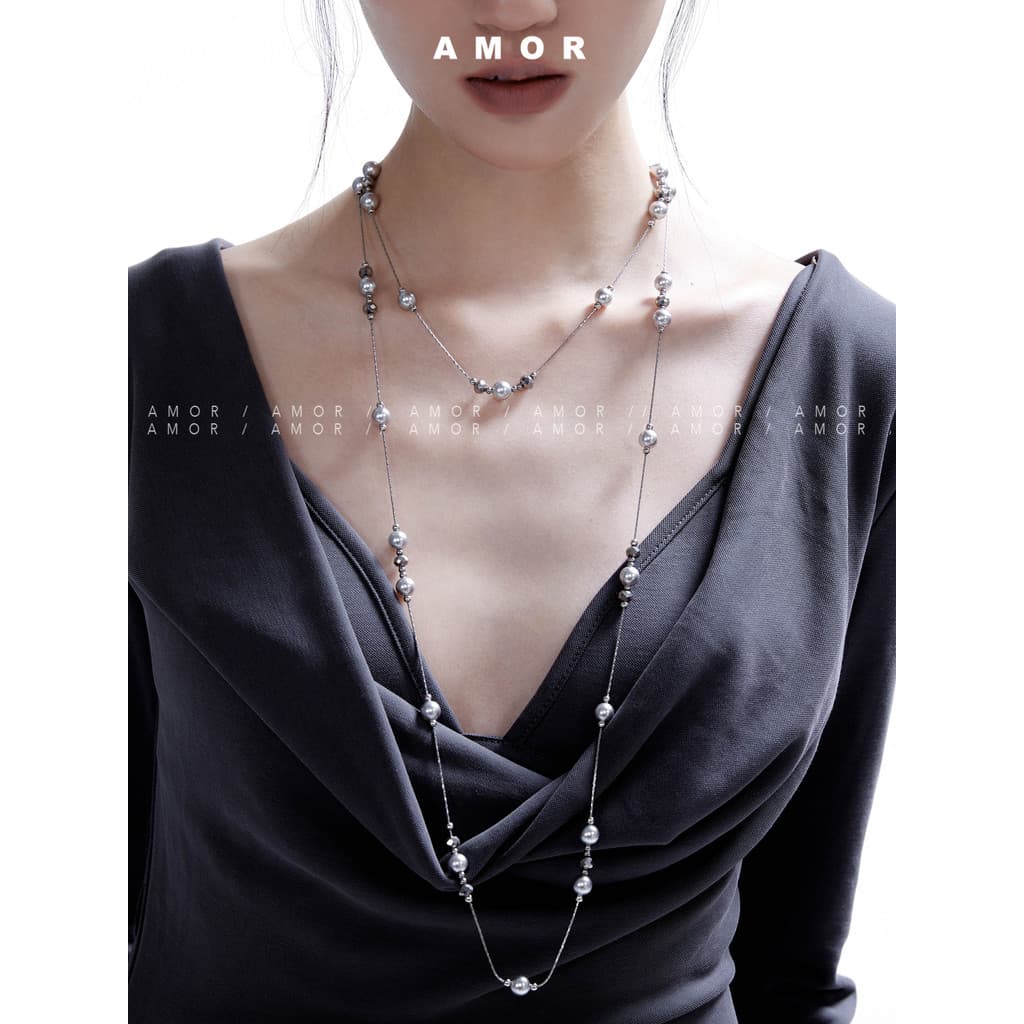 สร้อยคอยาว starry sky มุกสีเทาพร้อมการสวมใส่หลายวิธีการออกแบบเฉพาะ รูปที่ 1