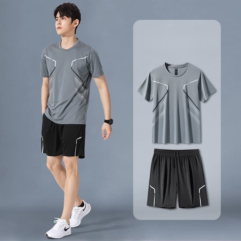 2026 ผู้ชายกีฬาเสื้อยืดและกางเกงขาสั้นชุดแห้งเร็วระบายอากาศฟิตเนสยิมวิ่ง/บาสเกตบอล/แบดมินตันการฝึกอบรม การทําตัวให้ผอม ฟิตเนสเสื้อผ้าสีดําและสีขาวสีเทา รูปที่ 2