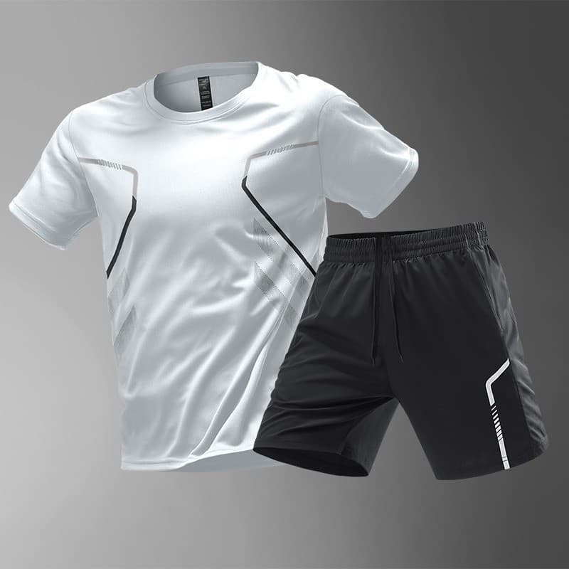 2026 ผู้ชายกีฬาเสื้อยืดและกางเกงขาสั้นชุดแห้งเร็วระบายอากาศฟิตเนสยิมวิ่ง/บาสเกตบอล/แบดมินตันการฝึกอบรม การทําตัวให้ผอม ฟิตเนสเสื้อผ้าสีดําและสีขาวสีเทา รูปที่ 7