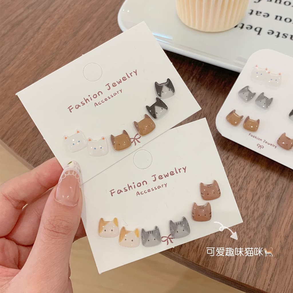 6 คู่/ญี่ปุ่นน่ารักต่างหูหัวลูกแมว Sweet Niche All-Match ต่างหูนักเรียนเฉพาะ ins รูปที่ 2