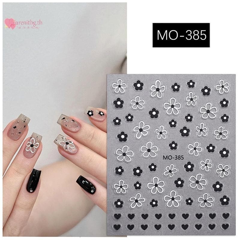 RENBG Blossom 3D สติ๊กเกอร์ติดเล็บสีขาวสีดํากลีบดอกไม้เล็บ Decals Elegant งานแต่งงานออกแบบฤดูใบไม้ผลิดอกไม้เล็บ Slider Decor TH รูปที่ 1