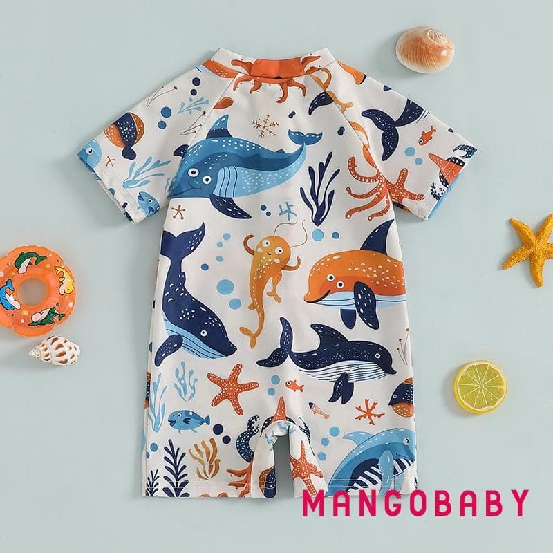 - ชุดว่ายน้ําเด็กผู้หญิง Shark พิมพ์แขนสั้น Mock คอ Zip Up Rash Guard ชุดว่ายน้ํา รูปที่ 8