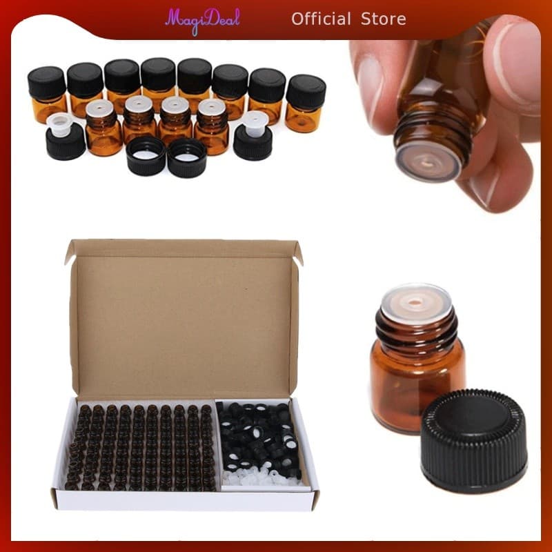 MagiDeal ขวดแก้วสีเหลืองอําพัน 100 ชิ้นพร้อมเครื่องลดออกซิเจนน้ํามันหอมระเหยขนาดเล็ก Vials 1ml รูปที่ 5