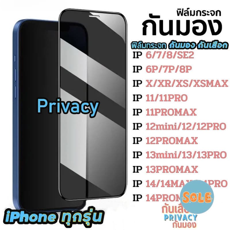 Soleฟิล์มกันมอง สำหรับรุ่น 16 15 14 13 12 pro max 11 ฟิล์มกันเสือก ไอโฟน X 8 6 6s Plus 7 XS XR ฟิล์ม กันมองข้าง รูปที่ 1