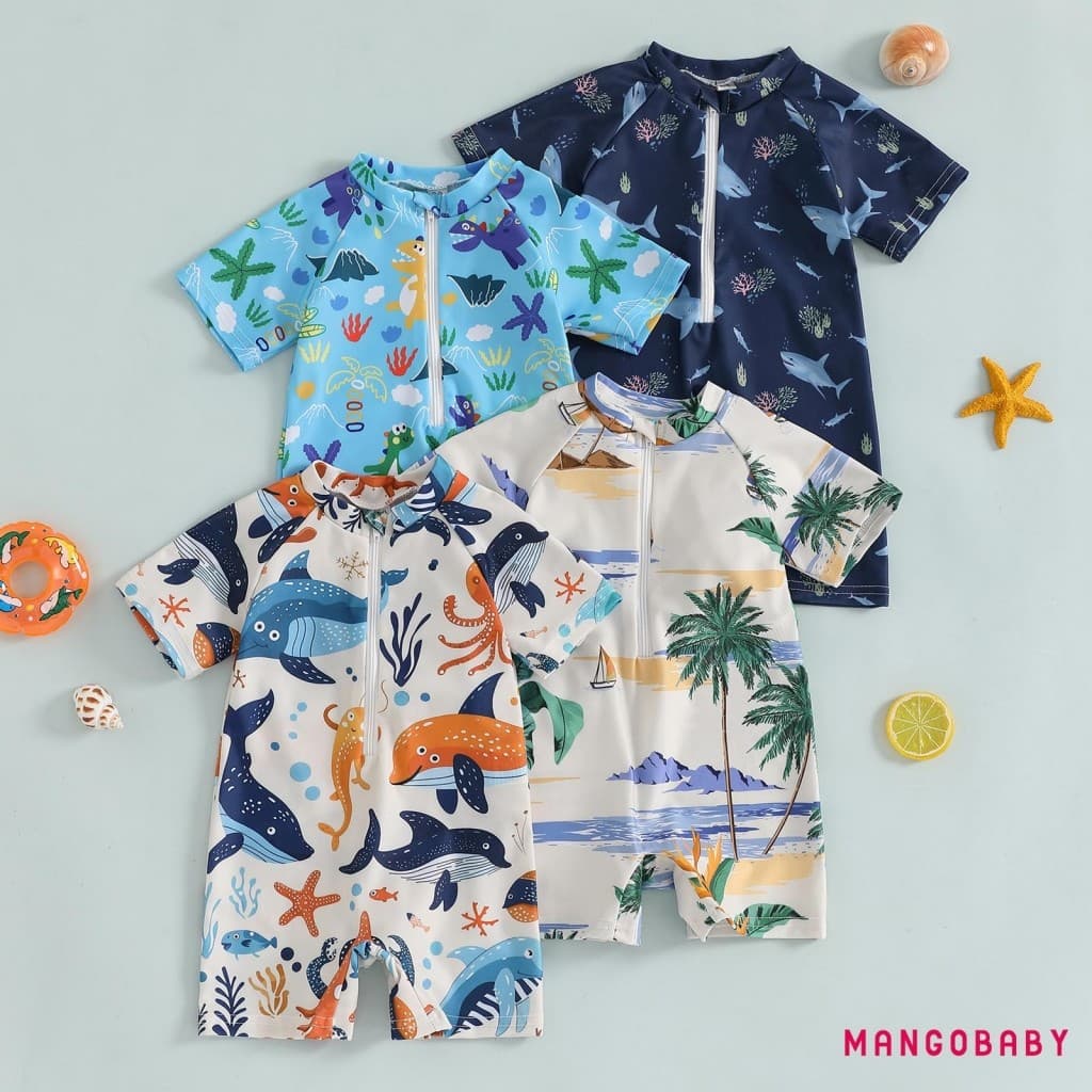 (จัดส่งในกรุงเทพฯ)- ชุดว่ายน้ําเด็กผู้หญิง Shark พิมพ์แขนสั้น Mock คอ Zip Up Rash Guard ชุดว่ายน้ํา