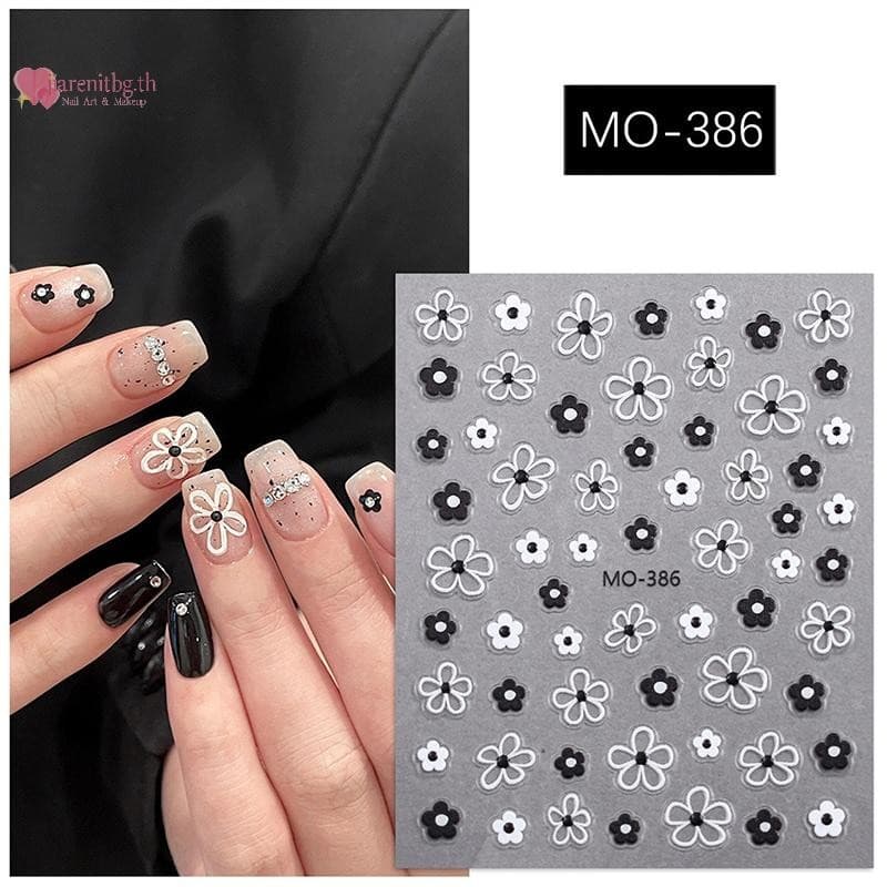 RENBG Blossom 3D สติ๊กเกอร์ติดเล็บสีขาวสีดํากลีบดอกไม้เล็บ Decals Elegant งานแต่งงานออกแบบฤดูใบไม้ผลิดอกไม้เล็บ Slider Decor TH รูปที่ 2