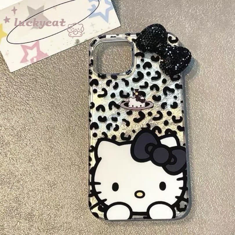 Iphone 16 15 14 13 12 11 Pro Max X Xr Xs Max 7 8 Plus SE2020 เคสโทรศัพท์ Ins เสือดาวพิมพ์ KT Cat Diamonds Bow Clear Soft Cover รูปที่ 1