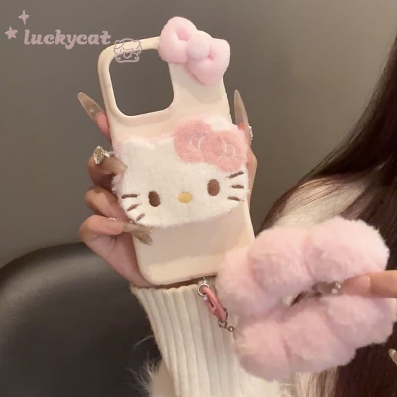 Iphone 16 15 14 13 12 11 Pro Max X Xr Xs Max เคสโทรศัพท์น่ารัก 3D DIY สีชมพูฤดูหนาวตุ๊กตาสีชมพูโบว์ KT Cat + Lanyard หนังนุ่มปกหลัง รูปที่ 4