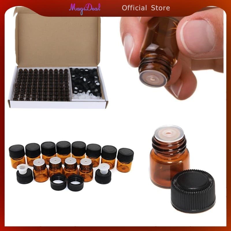 MagiDeal ขวดแก้วสีเหลืองอําพัน 100 ชิ้นพร้อมเครื่องลดออกซิเจนน้ํามันหอมระเหยขนาดเล็ก Vials 1ml รูปที่ 1