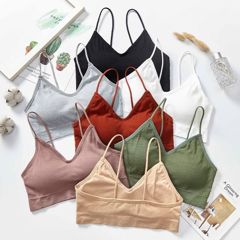 สปอร์ตบรา สายเดี่ยวผ้าร่องเสื้อครอป แบบสวม มี7สี มีฟองน้ำ บราสายเดี่ยว บราผ้านิ่ม บราไร้ขอบ#05 รูปที่ 4