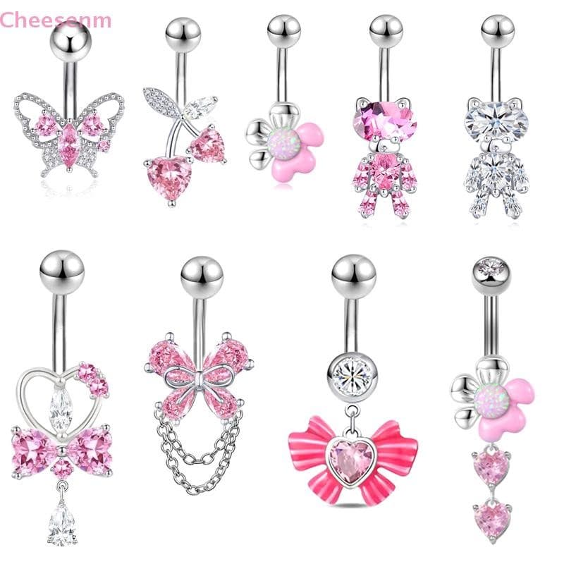 Cheenm สีชมพู Zircon Belly ปุ่มแหวนสแตนเลสหัวใจ Navel เจาะ Barbell สําหรับผู้หญิง Beach Belly แหวนเครื่องประดับ TH รูปที่ 3