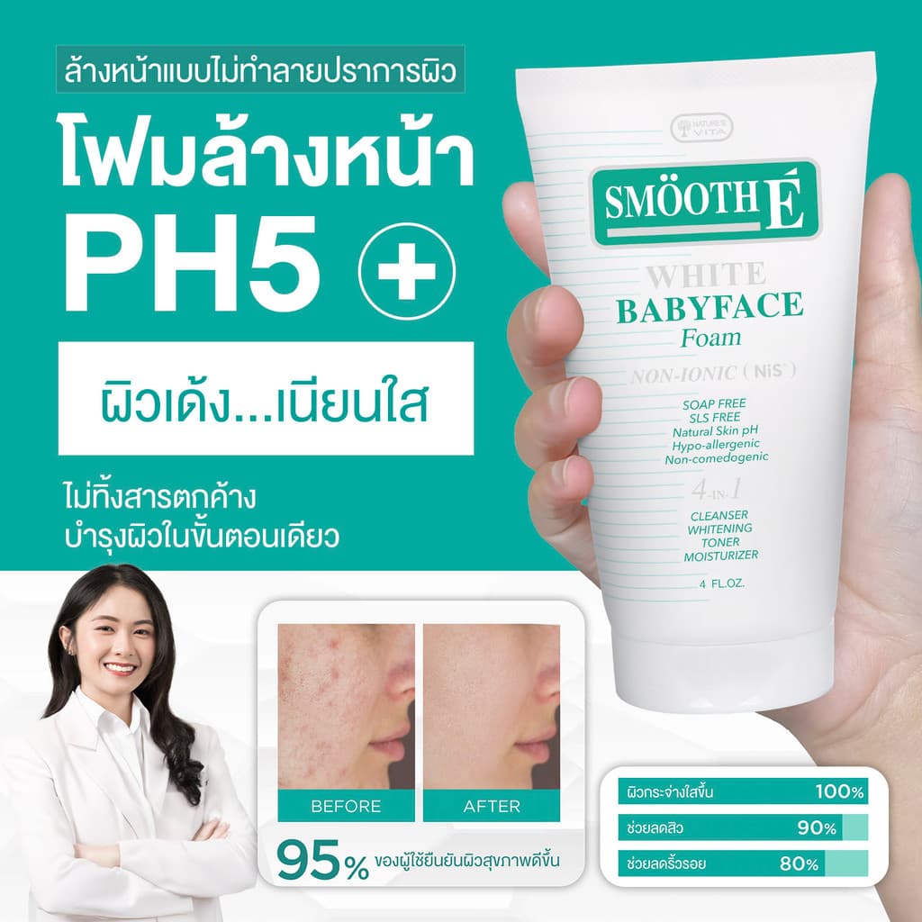 Smooth E White Babyface Foam 4 Oz. สมูทอี ไวท์ เบบี้เฟส โฟม pH5 Vit C&E ผิวกระจ่างใส สำหรับผิวหมอง รูปที่ 5