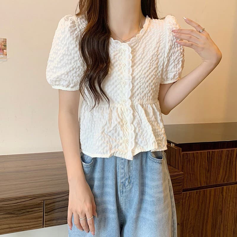 Pink girl เสื้อไหมแขนสั้น ไหมพรมทรงเกาหลีคอเสื้อแต่งลายลูกไม้น่ารักมาก "60109" รูปที่ 4