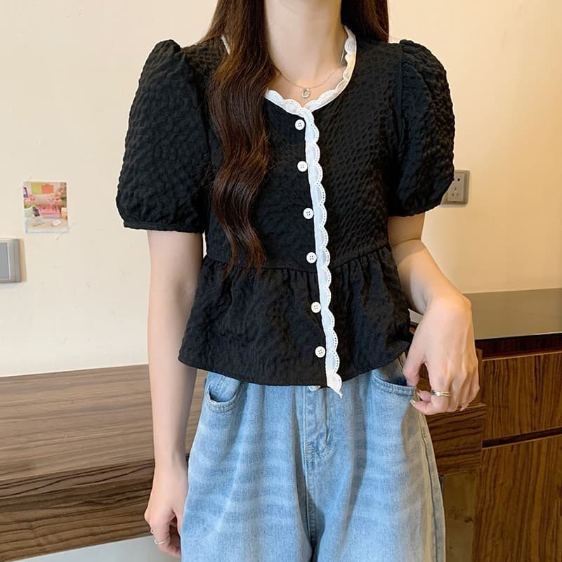 Pink girl เสื้อไหมแขนสั้น ไหมพรมทรงเกาหลีคอเสื้อแต่งลายลูกไม้น่ารักมาก "60109" รูปที่ 9
