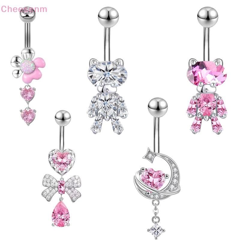 Cheenm สีชมพู Zircon Belly ปุ่มแหวนสแตนเลสหัวใจ Navel เจาะ Barbell สําหรับผู้หญิง Beach Belly แหวนเครื่องประดับ TH รูปที่ 4
