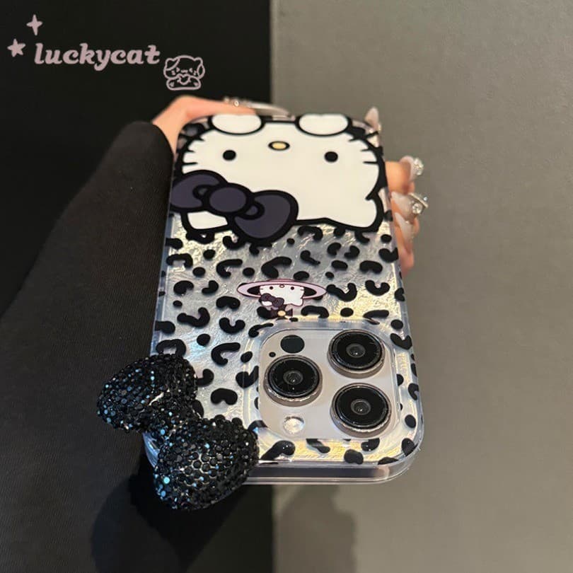 Iphone 16 15 14 13 12 11 Pro Max X Xr Xs Max 7 8 Plus SE2020 เคสโทรศัพท์ Ins เสือดาวพิมพ์ KT Cat Diamonds Bow Clear Soft Cover รูปที่ 2