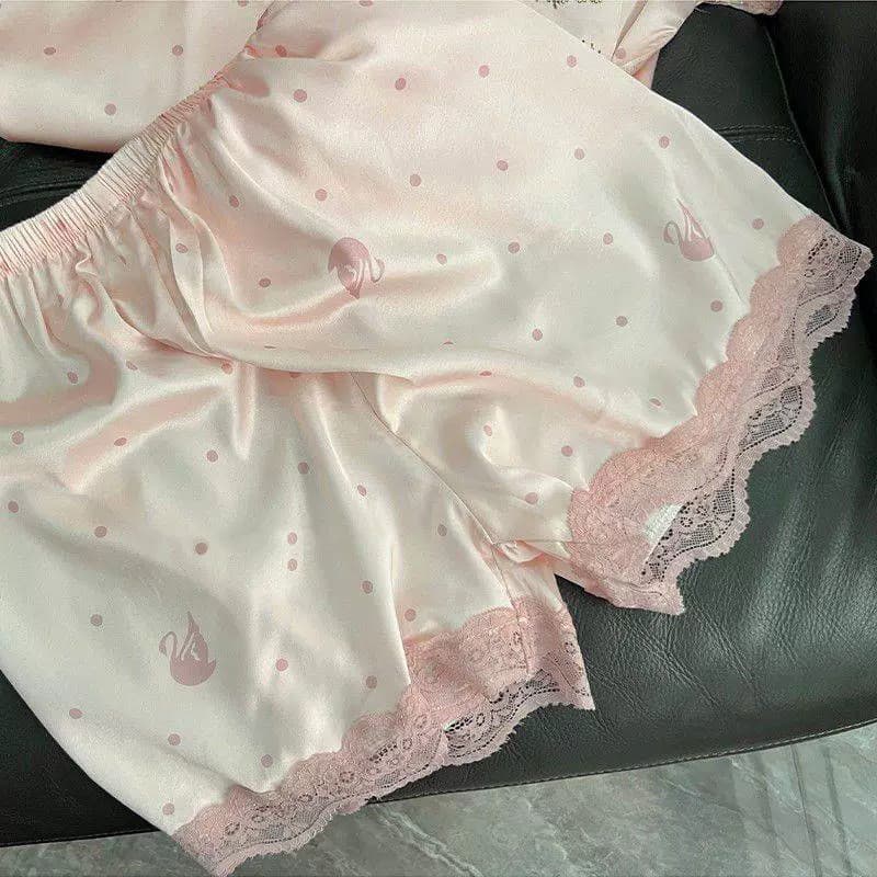 ชุดนอนผ้าไหมน้ําแข็งผู้หญิงฤดูร้อนสไตล์บางลูกไม้เย็นแขนสั้น High-End Homewear สูทรุ่นคุณภาพสูง รูปที่ 4