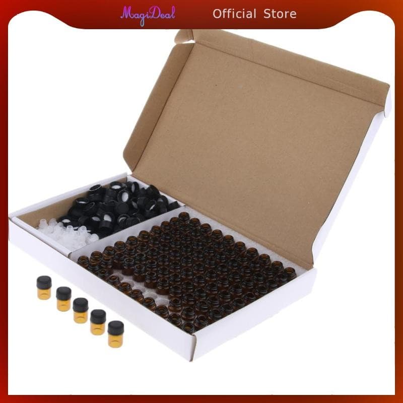 MagiDeal ขวดแก้วสีเหลืองอําพัน 100 ชิ้นพร้อมเครื่องลดออกซิเจนน้ํามันหอมระเหยขนาดเล็ก Vials 1ml รูปที่ 2