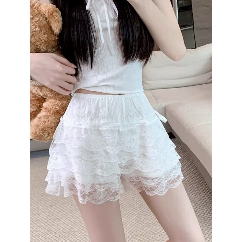 Cilset กางเกงขาสั้น เงสม๊อคยืด สีพื้น ดีเทลลูกไม้ แต่งชั้นๆ ผ้าใส่สบาย /KK1158 รูปที่ 7
