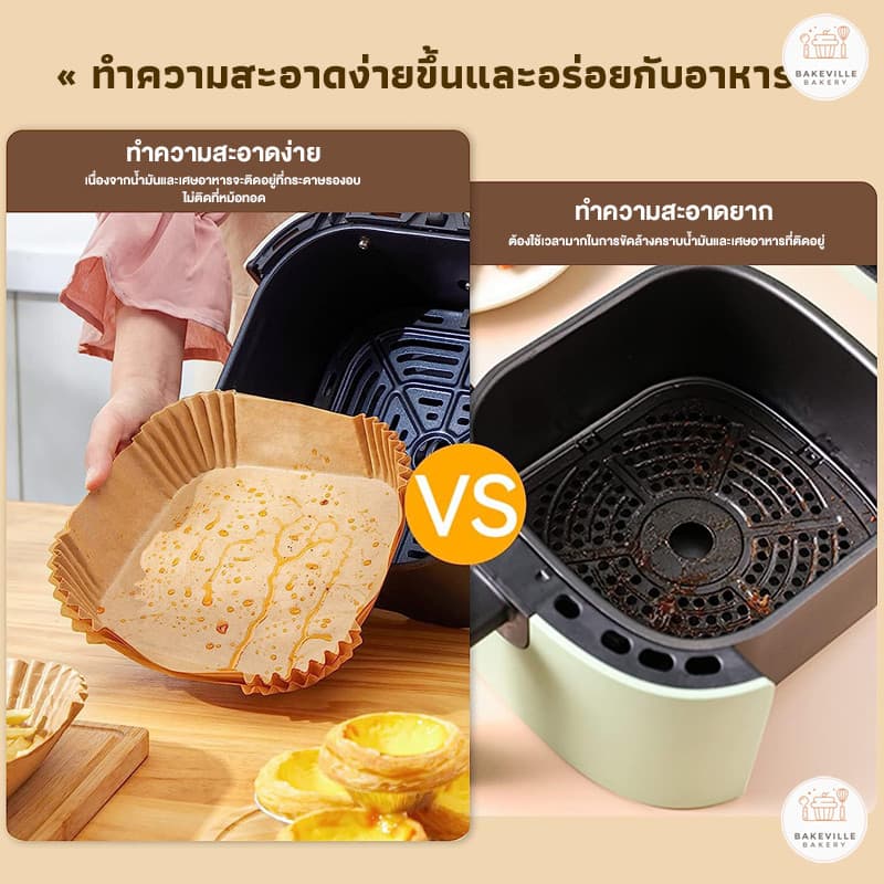 BAKEVille กระดาษรองหม้อทอด กระดาษรองอบ แพ็ค50-100แผ่น รองหม้ออบลมร้อน กระดาษซับน้ำมัน ใช้แล้วทิ้ง กันติด กันน้ำ รูปที่ 9