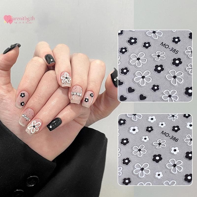 RENBG Blossom 3D สติ๊กเกอร์ติดเล็บสีขาวสีดํากลีบดอกไม้เล็บ Decals Elegant งานแต่งงานออกแบบฤดูใบไม้ผลิดอกไม้เล็บ Slider Decor TH รูปที่ 3