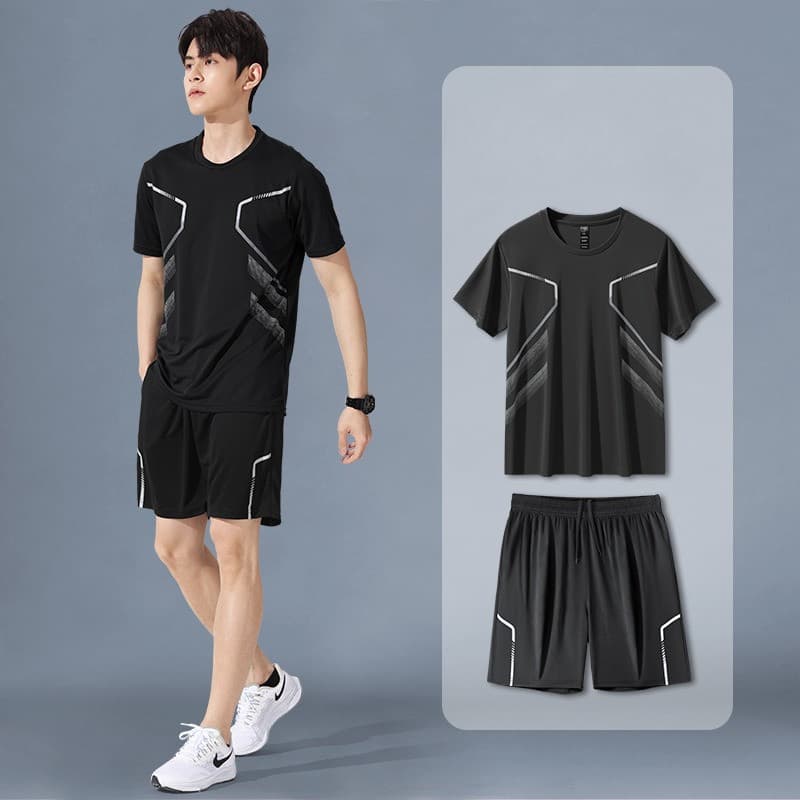 2026 ผู้ชายกีฬาเสื้อยืดและกางเกงขาสั้นชุดแห้งเร็วระบายอากาศฟิตเนสยิมวิ่ง/บาสเกตบอล/แบดมินตันการฝึกอบรม การทําตัวให้ผอม ฟิตเนสเสื้อผ้าสีดําและสีขาวสีเทา รูปที่ 4