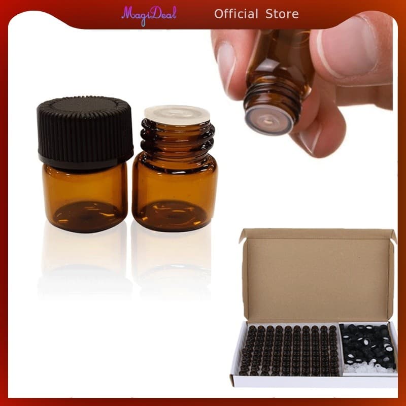 MagiDeal ขวดแก้วสีเหลืองอําพัน 100 ชิ้นพร้อมเครื่องลดออกซิเจนน้ํามันหอมระเหยขนาดเล็ก Vials 1ml รูปที่ 3
