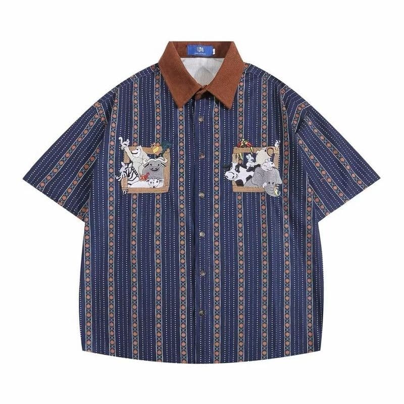 SUIKONE ซุยโคเนะ ญี่ปุ่นย้อนยุคการ์ตูนปักแนวตั้งลายเสื้อแขนสั้นฤดูร้อนผู้ชายและผู้หญิงเสื้อลําลองหลวม รูปที่ 5