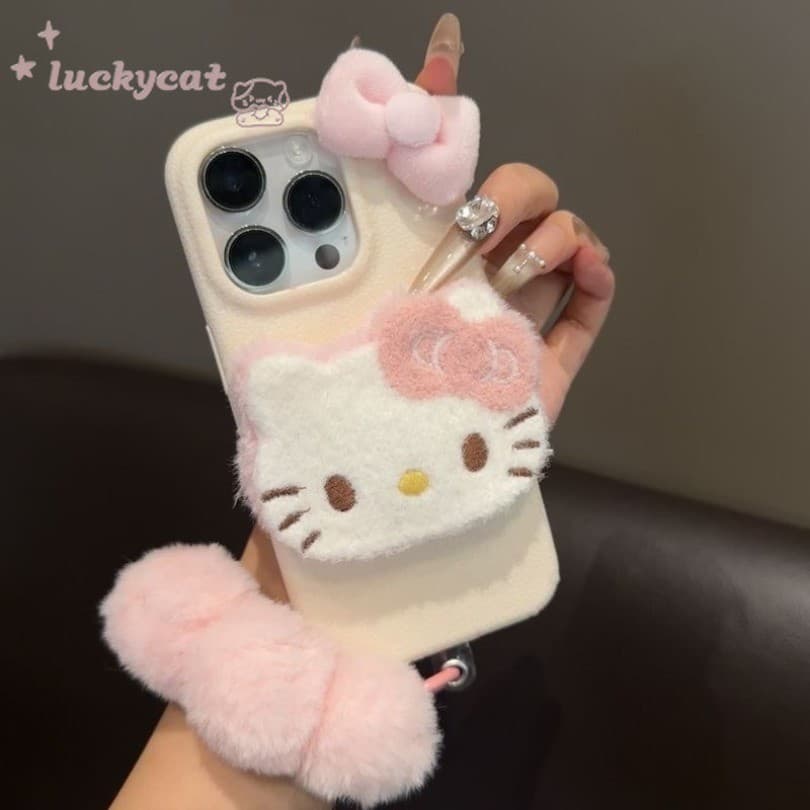 Iphone 16 15 14 13 12 11 Pro Max X Xr Xs Max เคสโทรศัพท์น่ารัก 3D DIY สีชมพูฤดูหนาวตุ๊กตาสีชมพูโบว์ KT Cat + Lanyard หนังนุ่มปกหลัง รูปที่ 8