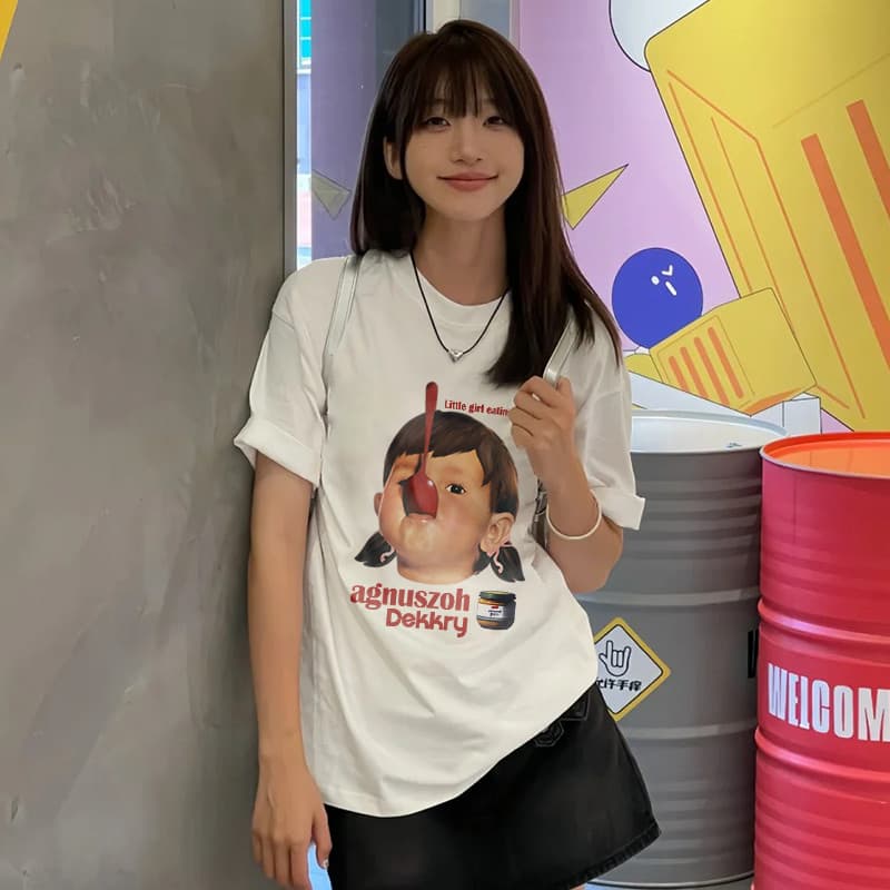เสื้อยืดผู้หญิงสไตล์เกาหลี เนือ้ผ้าน้ำหนักเบา เสื้อ oversize การ์ตูน คอเสื้อ เสื้อยืด cotton 100% S-3XL รูปที่ 1