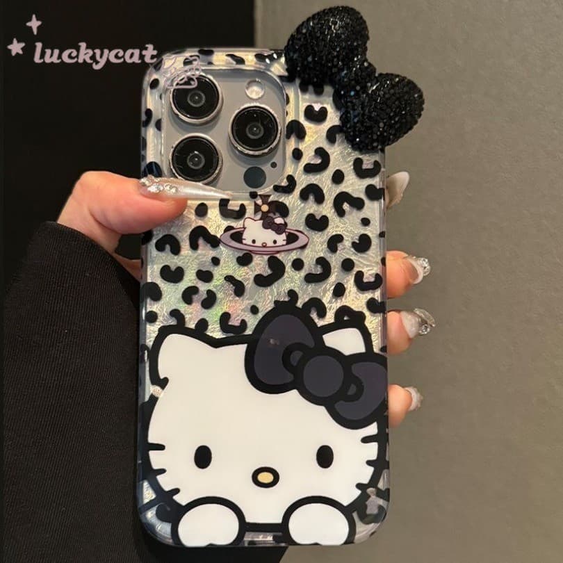 Iphone 16 15 14 13 12 11 Pro Max X Xr Xs Max 7 8 Plus SE2020 เคสโทรศัพท์ Ins เสือดาวพิมพ์ KT Cat Diamonds Bow Clear Soft Cover รูปที่ 4