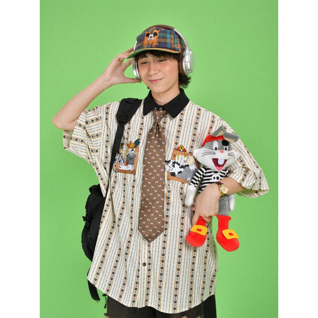 SUIKONE ซุยโคเนะ ญี่ปุ่นย้อนยุคการ์ตูนปักแนวตั้งลายเสื้อแขนสั้นฤดูร้อนผู้ชายและผู้หญิงเสื้อลําลองหลวม รูปที่ 4