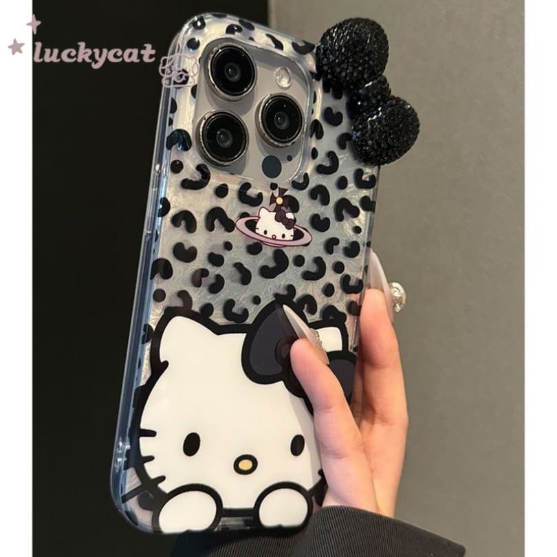 Iphone 16 15 14 13 12 11 Pro Max X Xr Xs Max 7 8 Plus SE2020 เคสโทรศัพท์ Ins เสือดาวพิมพ์ KT Cat Diamonds Bow Clear Soft Cover รูปที่ 5