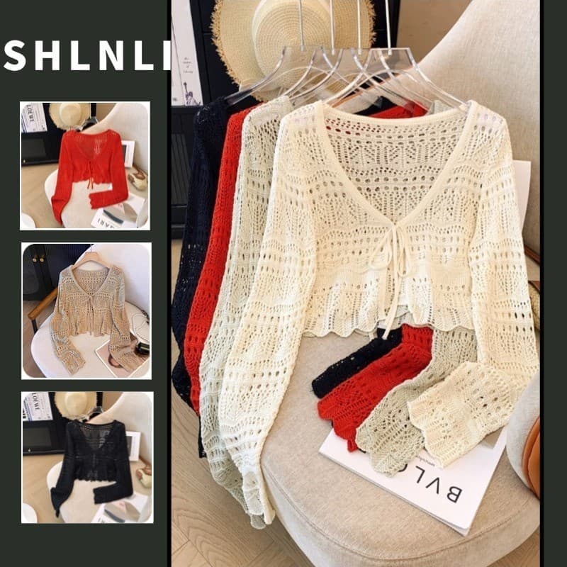 เสื้อคาร์ดิแกนถักนิตติ้งแบบตะขอกลวงฝรั่งเศสของผู้หญิงฤดูใบไม้ผลิและฤดูร้อนคอวีแขนยาวสลิมมิ่งสั้นด้านบน รูปที่ 1