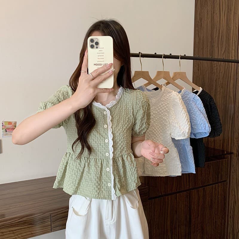 Pink girl เสื้อไหมแขนสั้น ไหมพรมทรงเกาหลีคอเสื้อแต่งลายลูกไม้น่ารักมาก "60109" รูปที่ 5