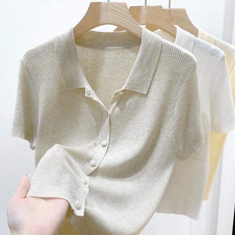 ฤดูร้อนใหม่เอวสูงสั้นพอดีคอโปโลถักด้านบนบางสีขาวแขนสั้นเสื้อยืด รูปที่ 7