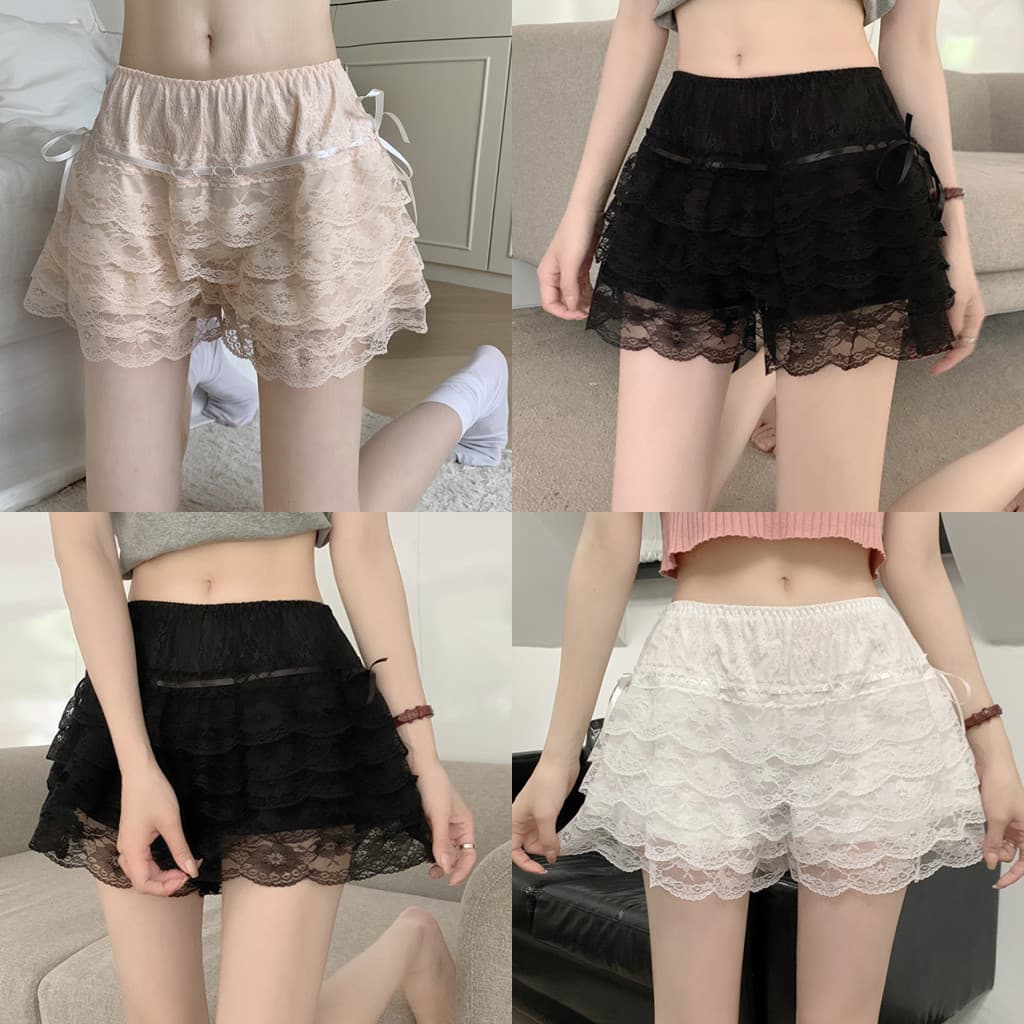 Cilset กางเกงขาสั้น เงสม๊อคยืด สีพื้น ดีเทลลูกไม้ แต่งชั้นๆ ผ้าใส่สบาย /KK1158 รูปที่ 1